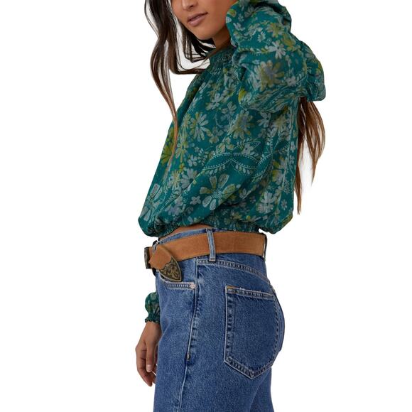 Free People NWT Sea Combo Clarissa Floral Print High Neck Smocked Blouse XS - Picture 2 of 9